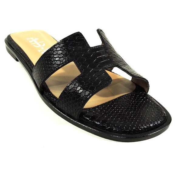 ALESSANDRO DI MARIA 🇮🇹 WOMEN'S BLACK LEATHER FLAT SUMMER SANDALS - Picture 3 of 8